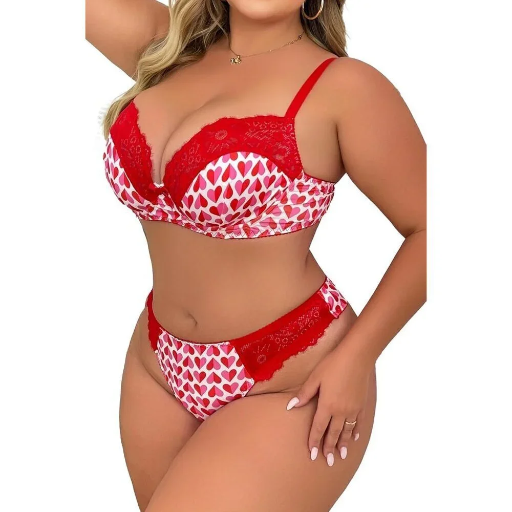 WOMEN'S Red Heart Sexy Lace Push Up Bra & Babydoll Nightwear Lingerie Set